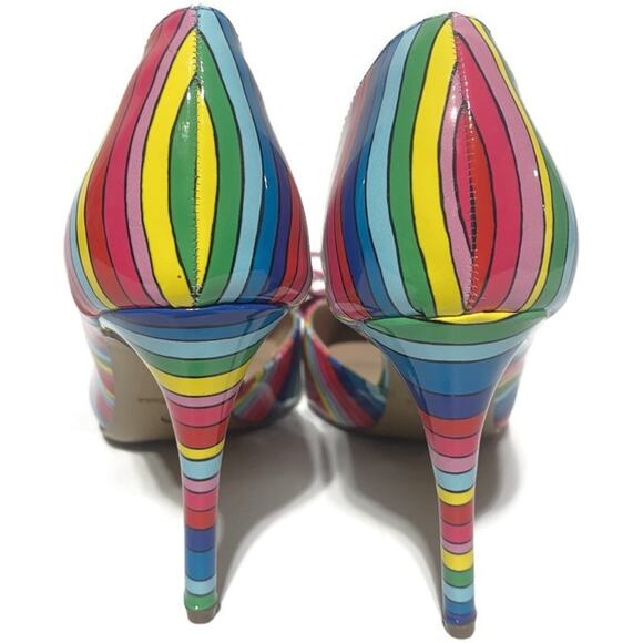 Betsey Johnson Relay Rainbow Striped Stiletto Pumps Heels Size 8 With Pink Bow - Picture 5 of 9